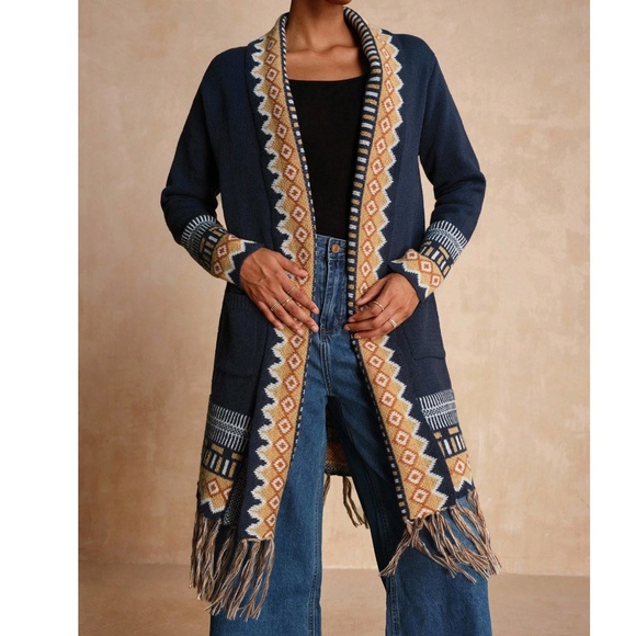 Cozy Geo Print Open Front Tassel hem Loose Fit Cardigan - Picture 3 of 7